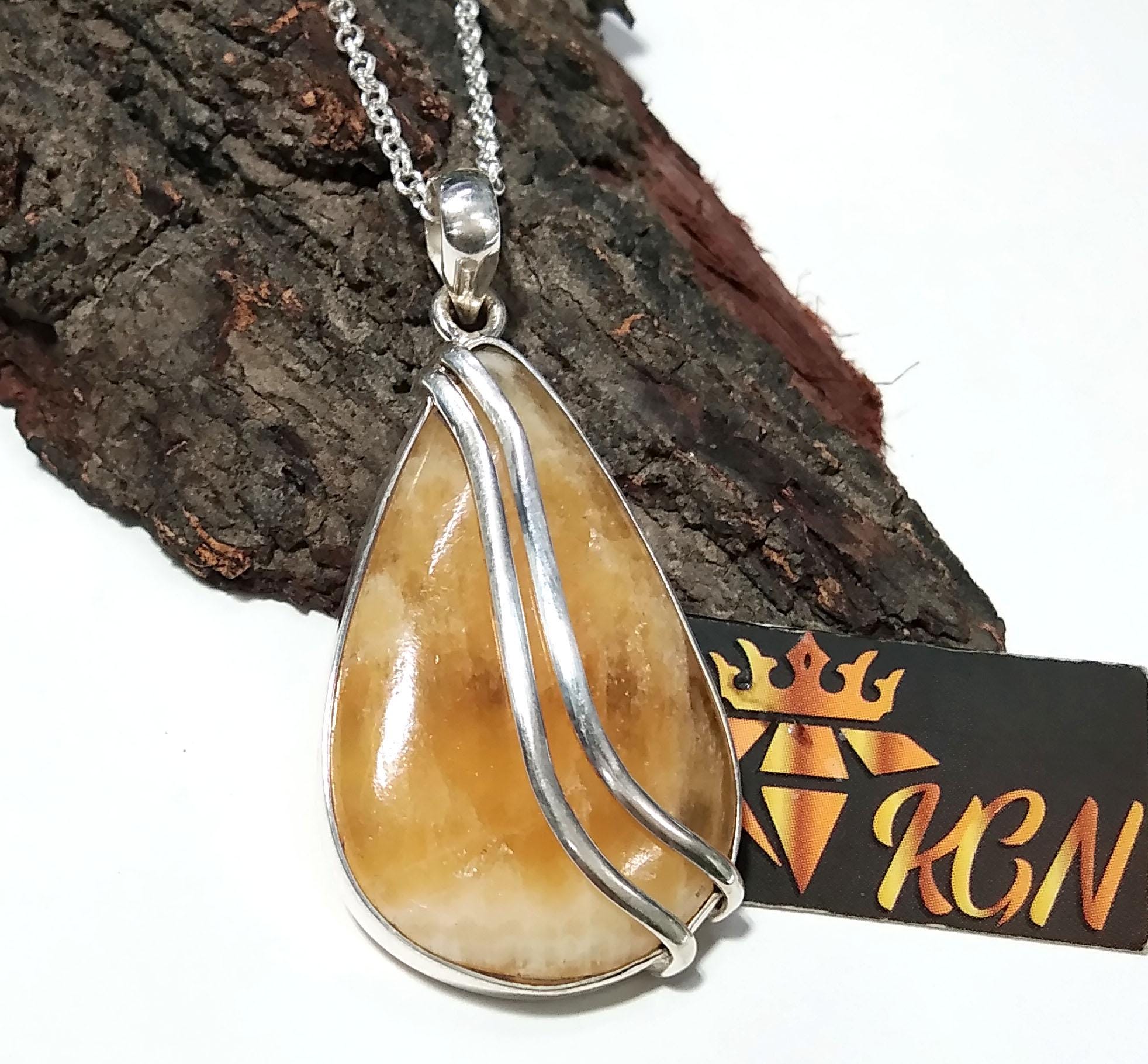 Natural Yellow Lace Agate Stone Chain Pendant Necklace, 925 Sterling Silver Pendant, Beautiful Color Yellow Agate Stone Pendant Gift For Her